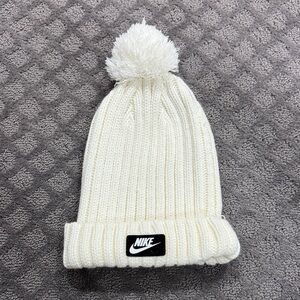 Nike Kids White Knit Beanie with Pom-Pom